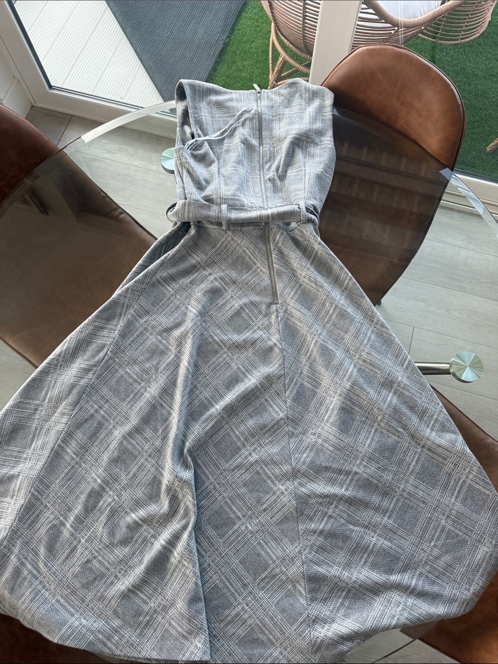 Calvin Klein Sleeveless Gray Plaid A-Line Dress with Waist Tie - Picture 3 of 3